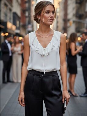 WHBM Cream Ruffle Tie-Front Sleeveless Camisole.  Elegant and feminine.